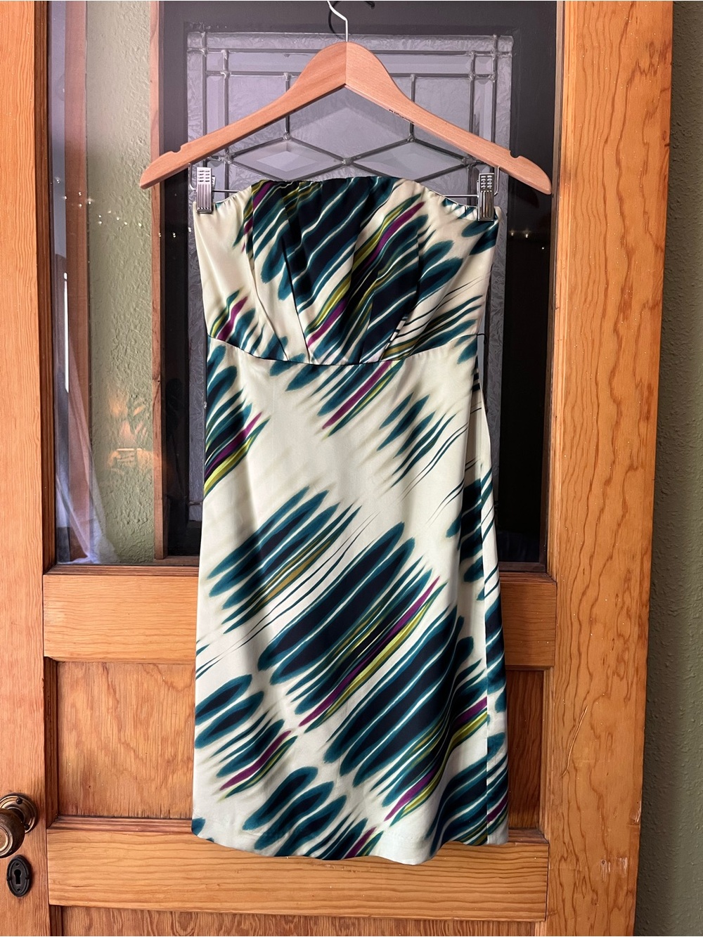 The Limited Strapless Silk Dress with Teal and Accent Stripes